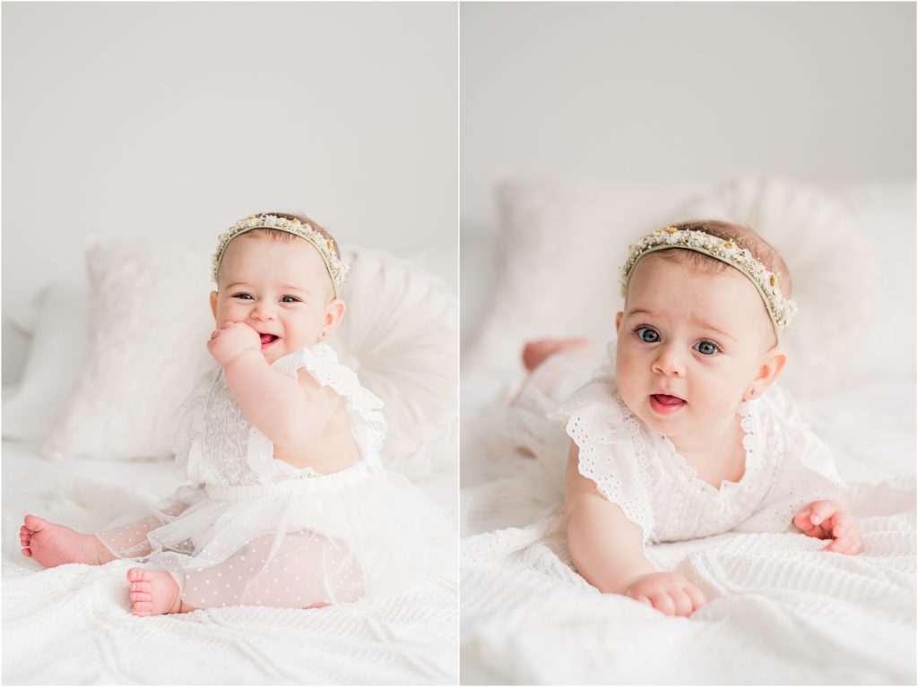 Amazon white lace baby romper 5 Tips to Have the Best Baby Milestone Photos | Sussex County NJ Photographer all while simple 6 month baby pictures in studio 