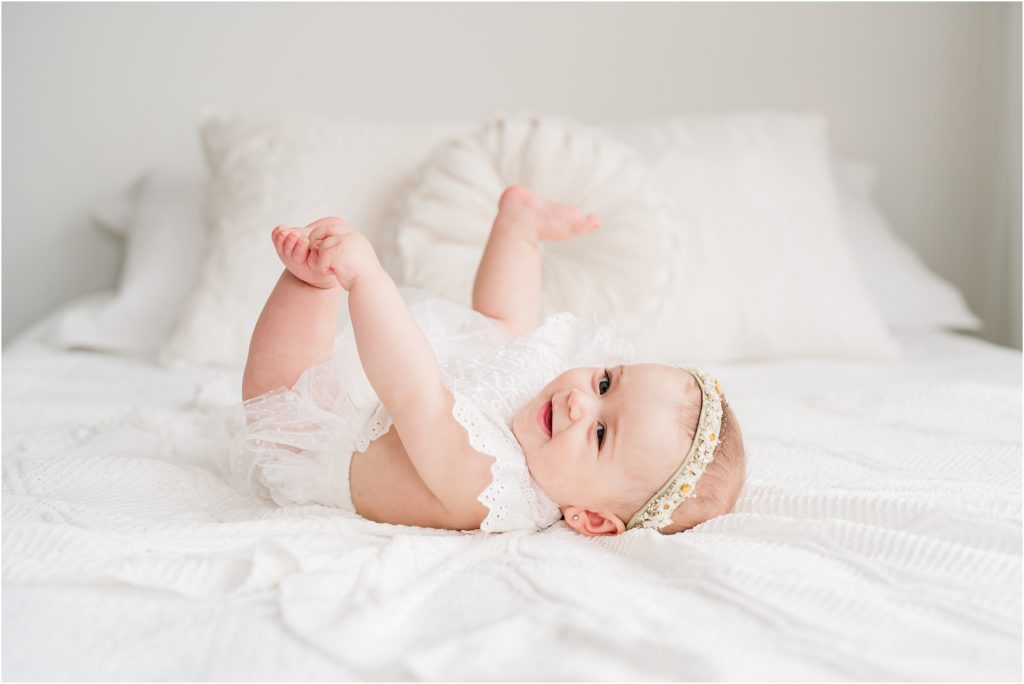Amazon white lace baby romper 5 Tips to Have the Best Baby Milestone Photos | Sussex County NJ Photographer all while simple 6 month baby pictures in studio 