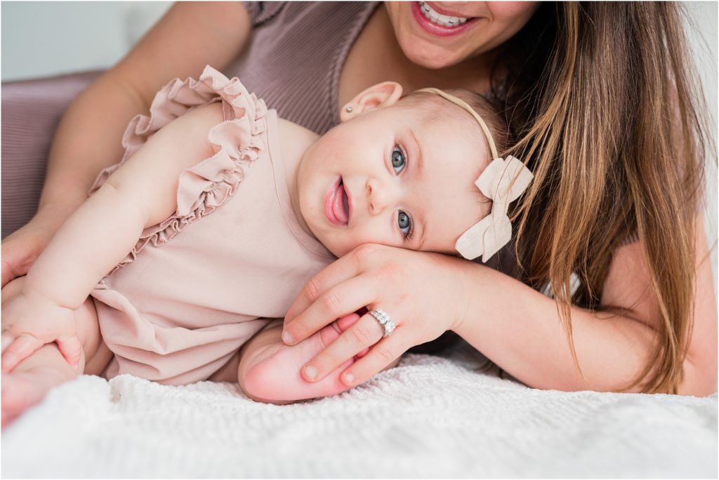 mother and baby pictures. Simple white natural baby milestone photographer in Sussex County New Jersey bailey's blossoms mauve romper. Baltic Born Mauve ribbed maxi dress. 