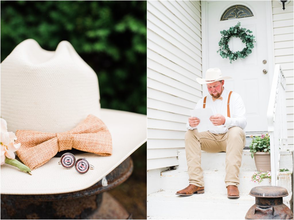Groom's attire with simple white button down suspenders a rust colored bow tie and cowboy hat. 