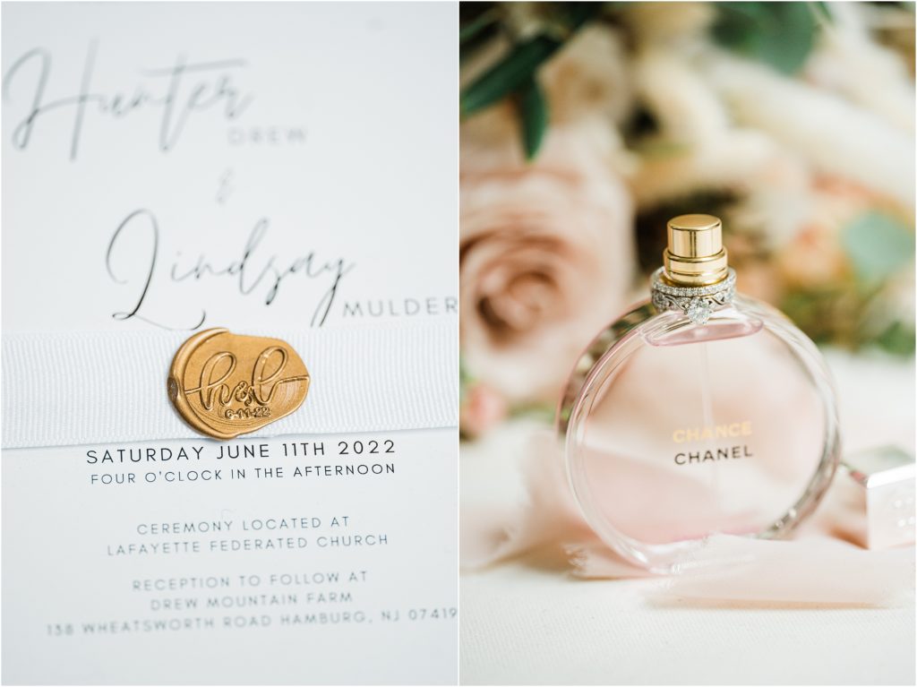 Chanel chance wedding day perfume bottle with wedding rings. \ Renee Ash Photography 