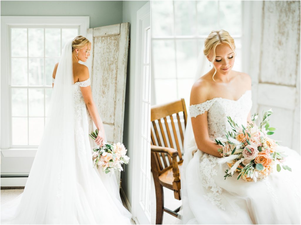 sussex county farm wedding 
Bride holding her peach and pink bridal bouquet during portraits indoors by farmside gardens florist in sussex NJ. 