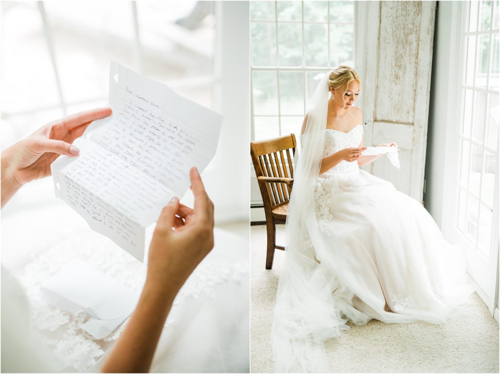 bride sitting on an antique wooden chair in a sun room reading a letter from her groom. Wearing a david's bridal a-line lace gown