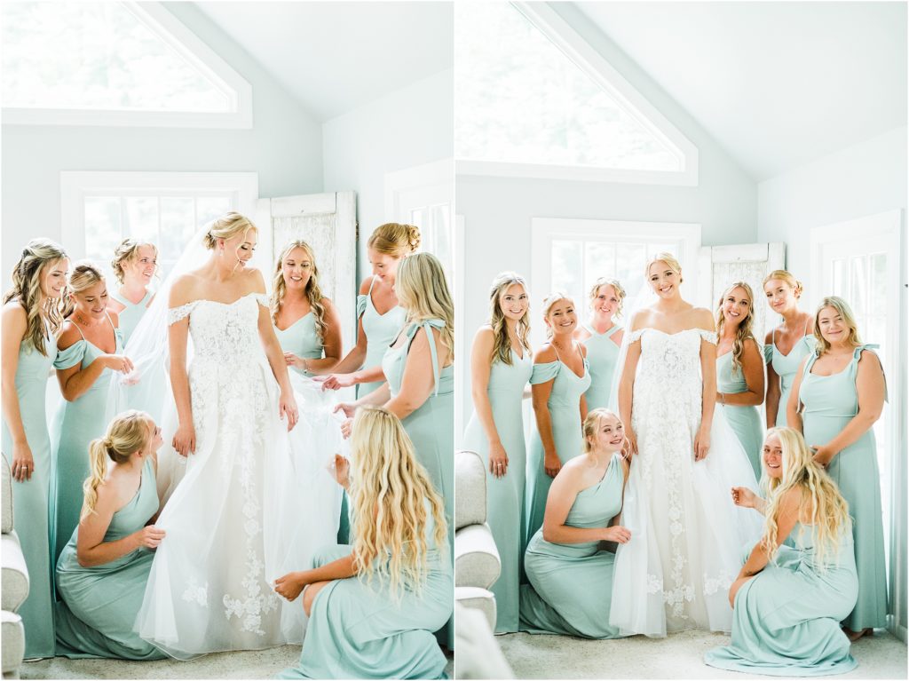 bridesmaids wearing birdy grey gowns in sage, surrounding the bride in a david's bridal a line lace gown.  getting ready and primped the morning of the wedding