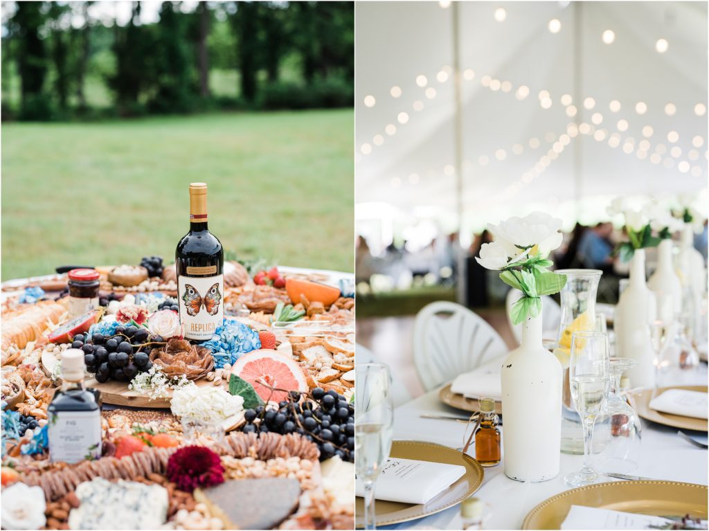 sussex county farm wedding grazing charcuterie board. Wine bottles painted white with florals 