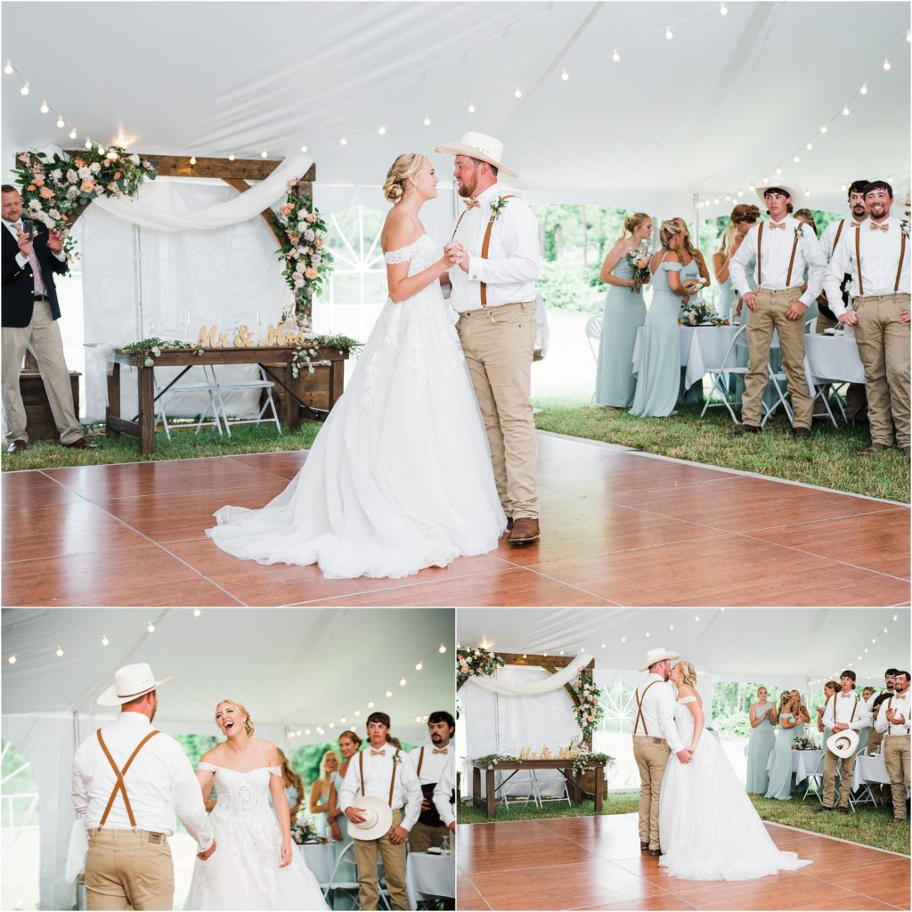 first dance in a tented wedding with the bride and groom 