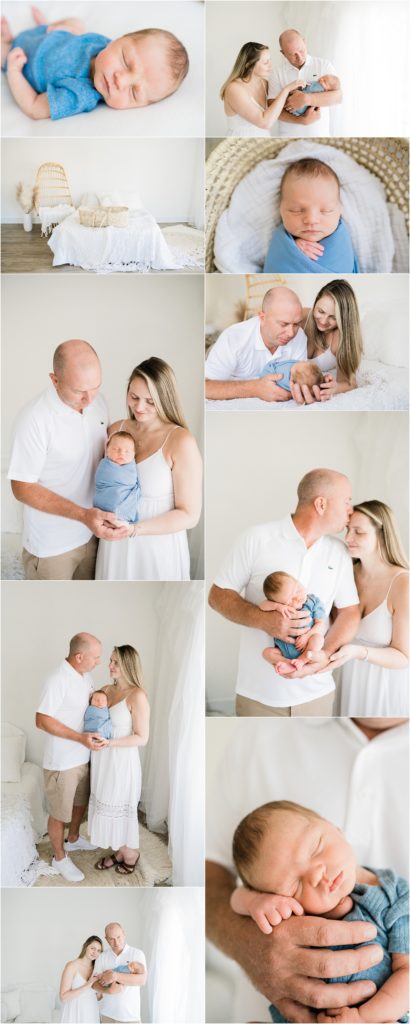 New Jersey Newborn photographer Planning a newborn session in studio with mom and dad and a baby boy in a blue onesie. All white background and natural lighting. Renee Ash Photography, Sussex County NJ photo studio