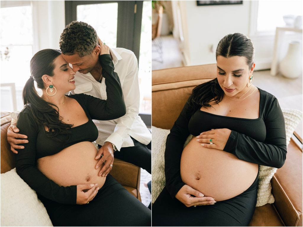 Black and white wardrobe for a Kardashian inspired at home maternity photo session. Wayne NJ Photographer