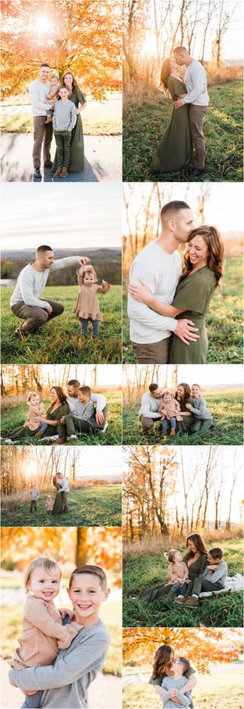 Fall Family photos in october. What to wear for fall family photos. Mountain top view with fall leaves. Family of four Sussex County NJ photographer 