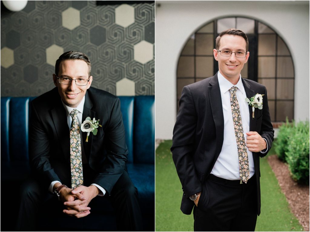 Groom's black suit with a floral tie. Sussex County New Jersey wedding photographer.