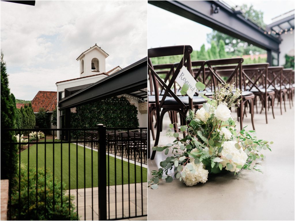 Indoor outdoor ceremony space at The Refinery at Perona Farms wedding venue. Simple white and green wedding flowers. Sussex County New Jersey Wedding photographers