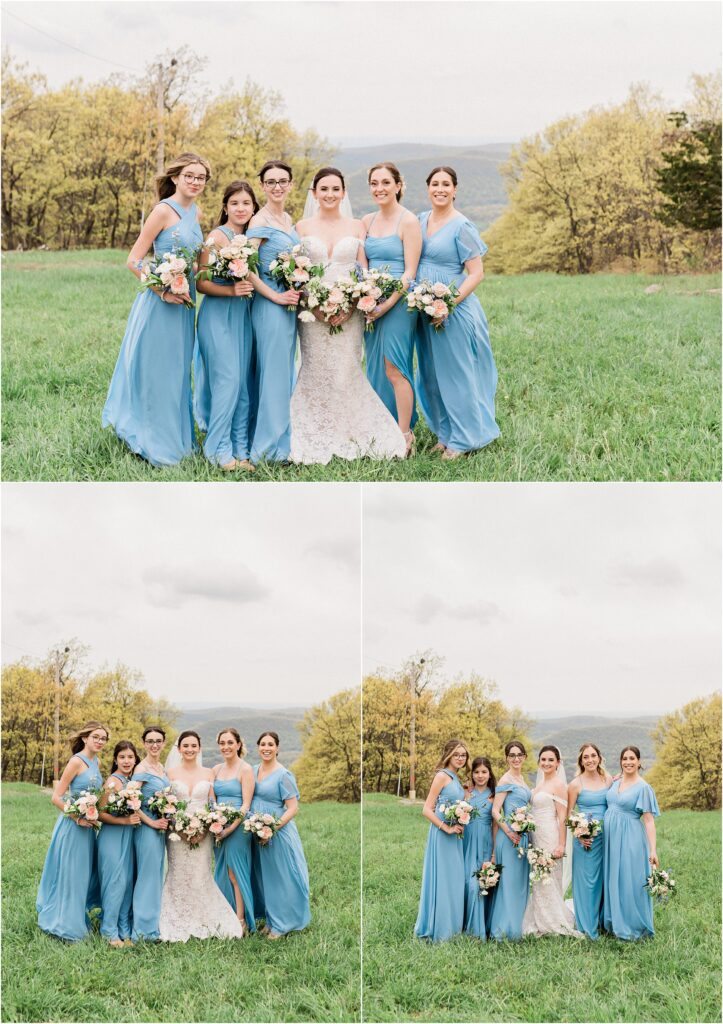 Blue Azazie bridesmaid dresses. Mountain top wedding venue. Mountain Creek Red tail lodge wedding, vernon NJ Renee Ash Photography