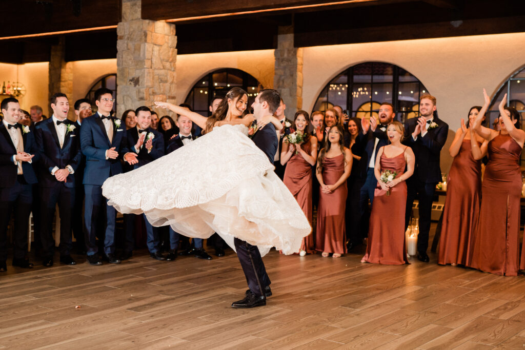 Perona Farms NJ. Bride and groom's choreographed first dance with a lift. New Jersey Wedding Photographer