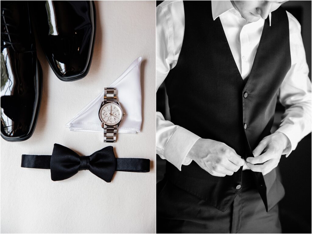 Groom's getting ready for the wedding. Black tie attire. Sussex County wedding photographer. 
