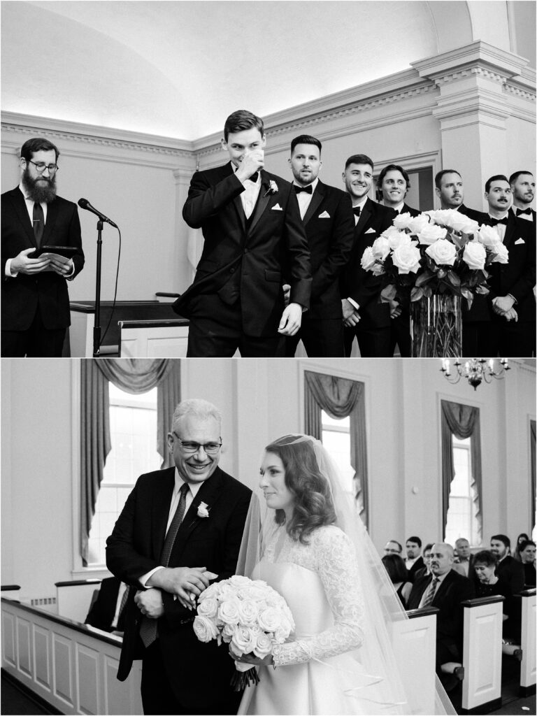 Father of the bride hand off during the ceremony. Reformed baptist church of Lafayette wedding. Traditional black and white wedding by Renee ash photography