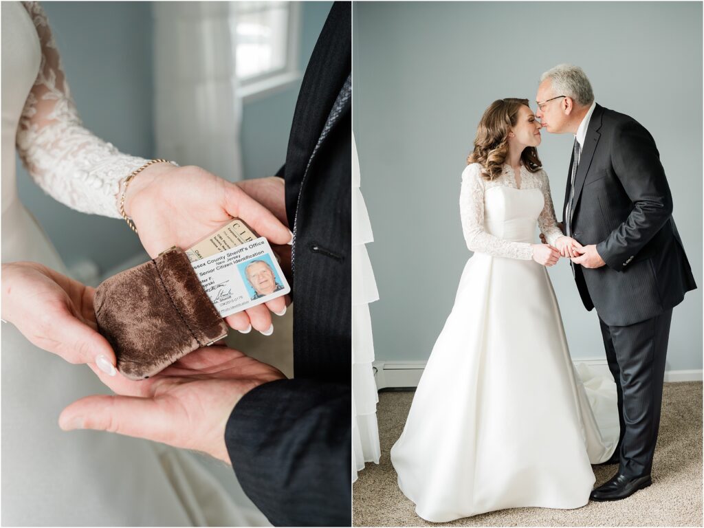 Father daughter first look. Honoring her Grandfathers with momentos placed in her wedding   New Jersey wedding photographer