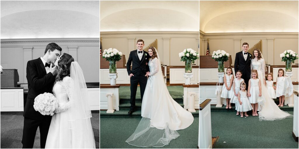 Classic bride and groom portraits at the altar after the traditional ceremony. Reformed baptist church of Lafayette wedding. Traditional black and white wedding by Renee ash photography
