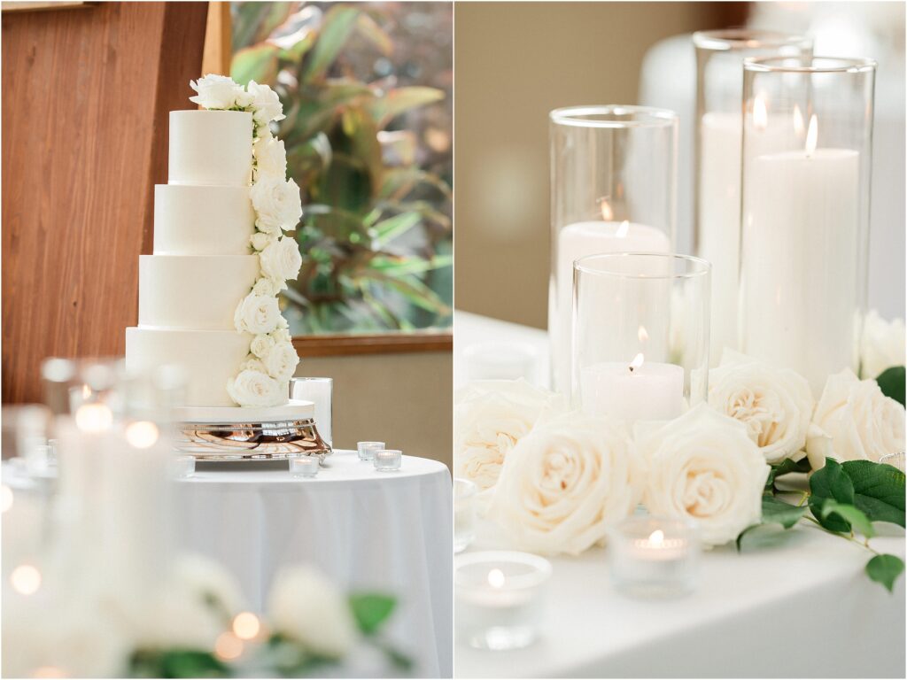 Classic timeless white wedding day details. All white roses and candles. White wedding cake with a white rose cascade down the side. Pattys cakes Sparta NJ  The conservatory at the sussex county fairgrounds wedding by Renee ash photography