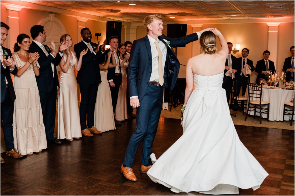 Bride and Groom First dance.  Reception space at the Sherwood chalet at Forest Lodge wedding venue.  Renee Ash Photography, NJ wedding photographer
