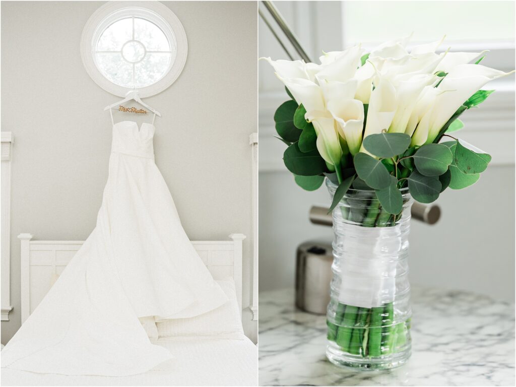 simple elegant white Calla lily wedding bridal bouquet by The Botanical box  wooden Wedding dress hangar. rita vinieris wedding gown. Renee ash photography sussex county nj 