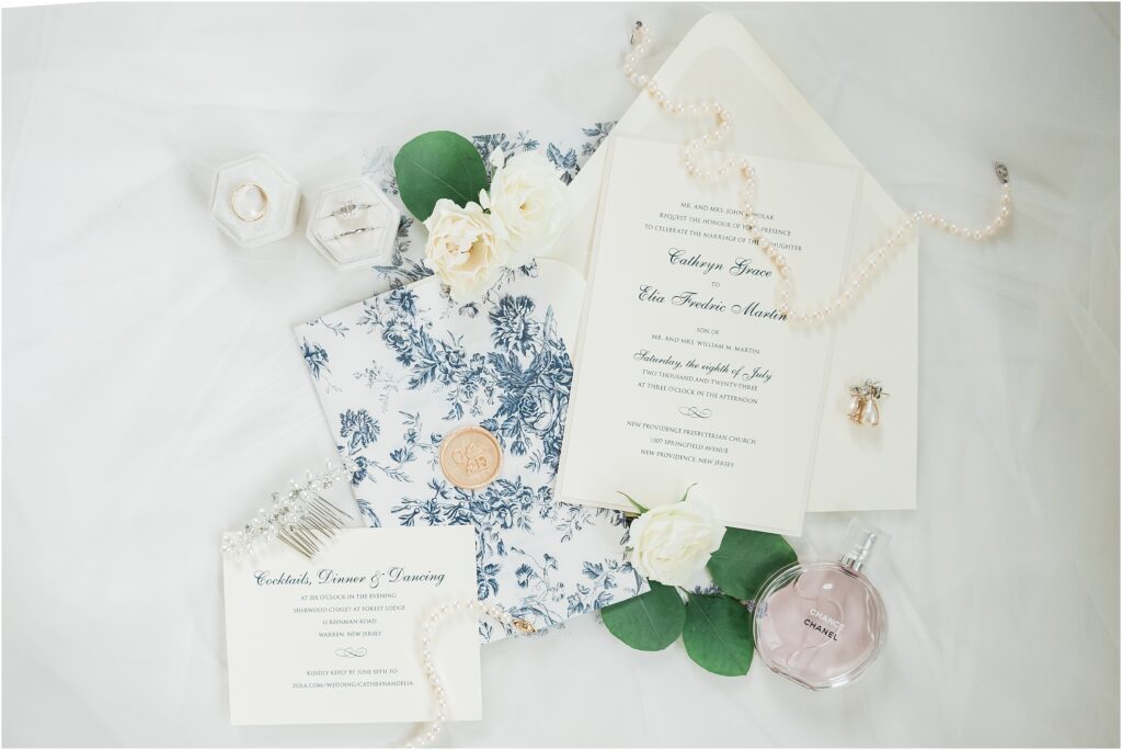 french blue toile wedding invitation suite wedding day details layflat. Renee ash photography sussex county nj 