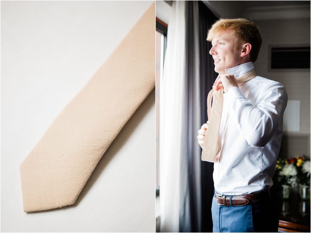 Groom getting ready, beige tie and navy suit Renee ash photography sussex county nj 