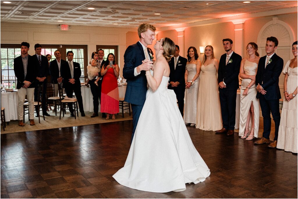 Bride and Groom First dance.  Reception space at the Sherwood chalet at Forest Lodge wedding venue.  Renee Ash Photography, NJ wedding photographer