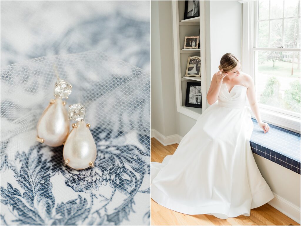 rita vinieris wedding gown Kleinfeld Bridal Store. 
Blue Toille wedding invitation suite
Bride getting ready in her childhood home  the morning of her wedding. 
Renee Ash Photography 
New Jersey Wedding photographer