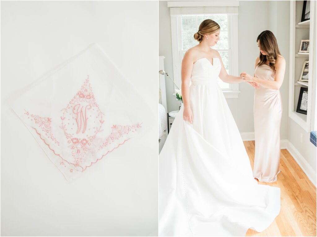 rita vinieris wedding gown Kleinfeld Bridal Store. 
custom Embroidered heirloom handkerchief for the bride. 
Bride getting ready in her childhood home  the morning of her wedding. 
Renee Ash Photography 
New Jersey Wedding photographer