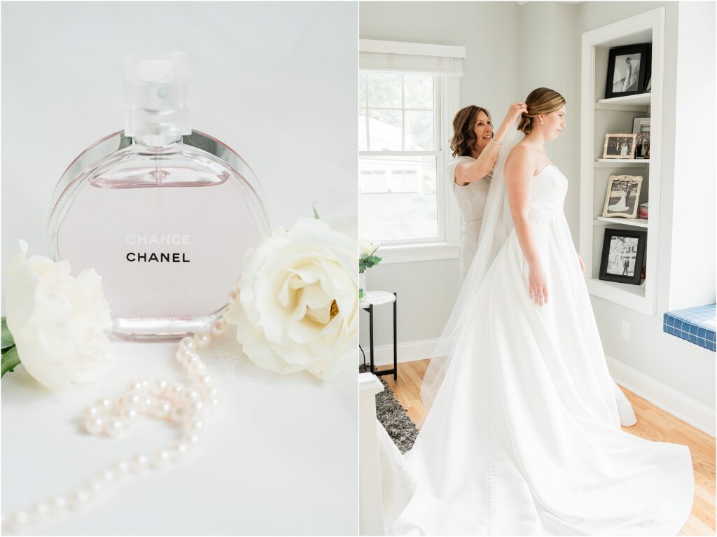 How to place a bridal veil. Mother of the bride putting in her veil. Chanel chance wedding day scent. 
Bride getting ready in her childhood home  the morning of her wedding. rita vinieris wedding gown Kleinfeld Bridal Store.
Renee Ash Photography 
New Jersey Wedding photographer