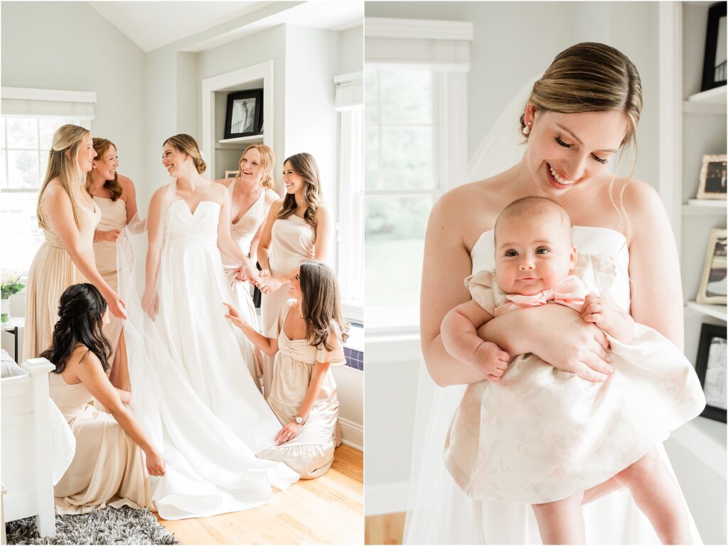 mixed styles of Champagne bridesmaids dresses.  Bridesmaids helping the Bride get ready. rita vinieris wedding gown Kleinfeld Bridal Store. Morris county wedding photographer.