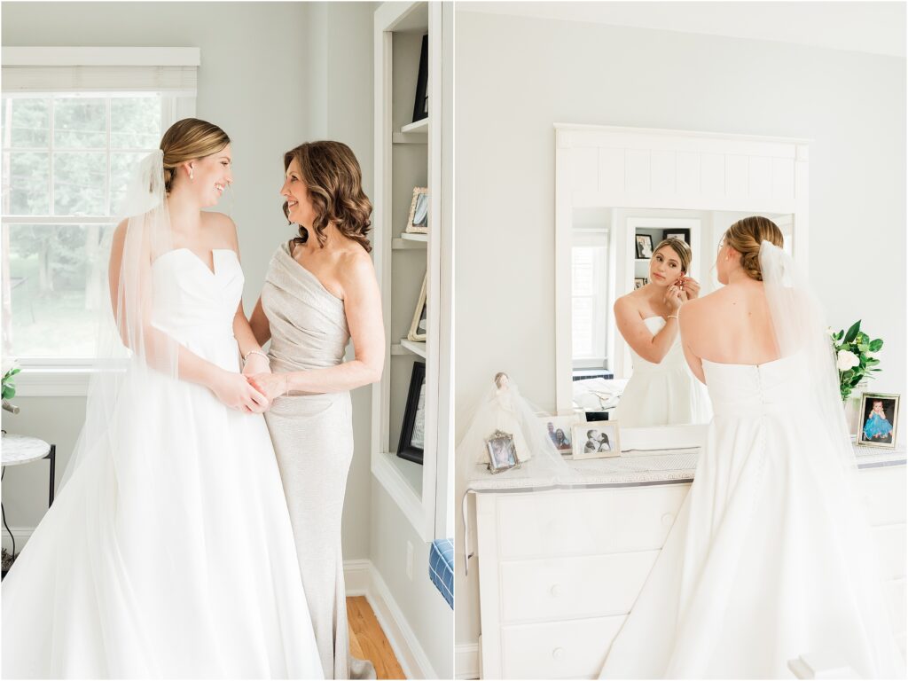 Where to get ready the morning of your wedding. Bride gets ready in her childhood home. wedding jewelry. rita vinieris wedding gown Kleinfeld Bridal Store.Morris county wedding photographer.