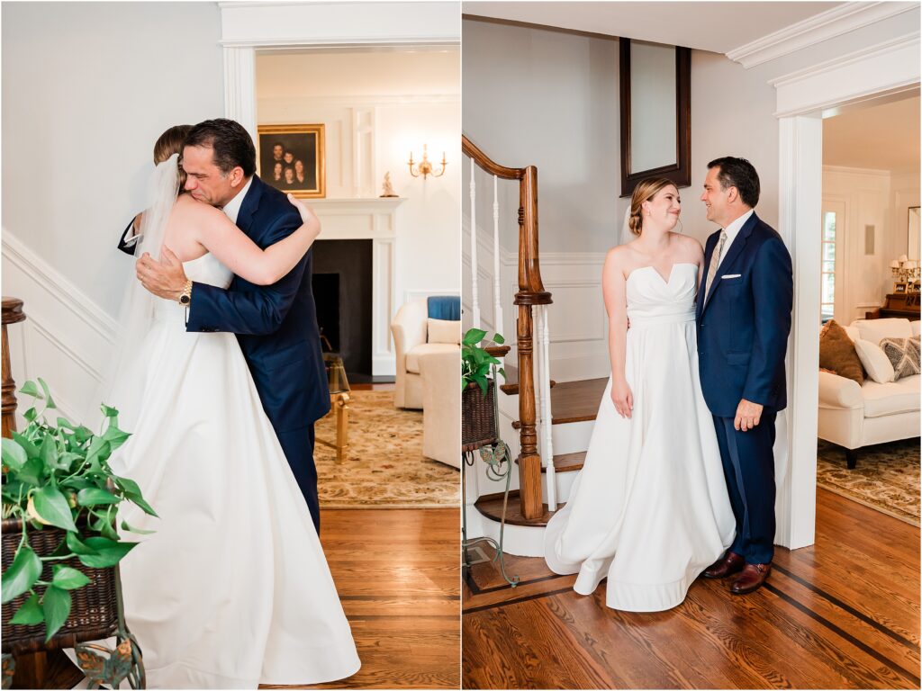 Emotional Father daughter first look by a staircase.  Passaic county wedding photographer. rita vinieris wedding gown Kleinfeld Bridal Store.
