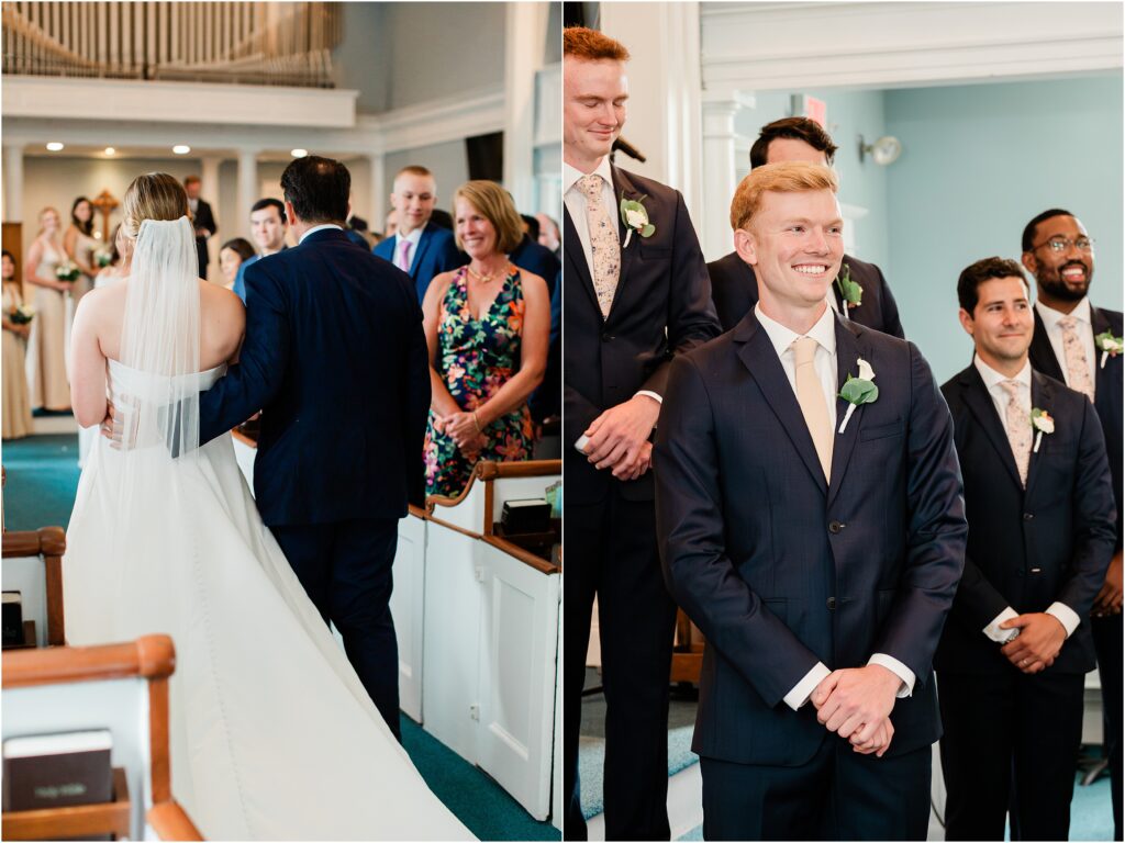 traditional First look down the aisle. The botanical box wedding day bouquets. New Providence Presbyterian Church Wedding. New Jersey traditional little white wedding chapel. NJ wedding photographer. 
