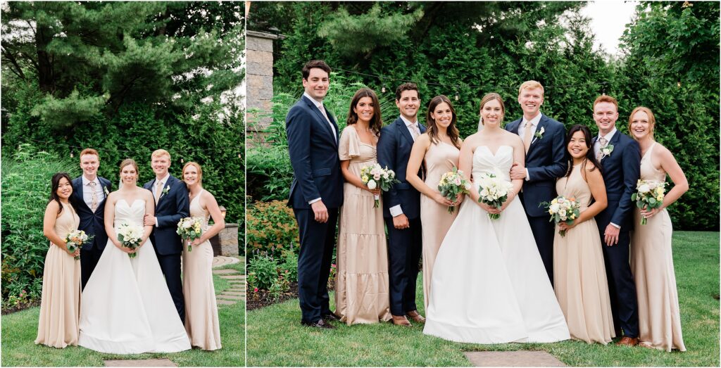 Family formals portraits at the Sherwood chalet at Forest Lodge wedding venue. Champagne bridesmaids dresses, navy groomsmen suits with champagne ties. 
