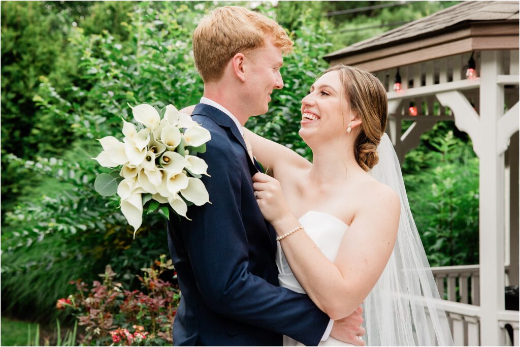 Light and bright True to life color Bride and Groom wedding portraits at the Sherwood chalet at Forest Lodge wedding venue. Renee Ash Photography, NJ wedding photographer