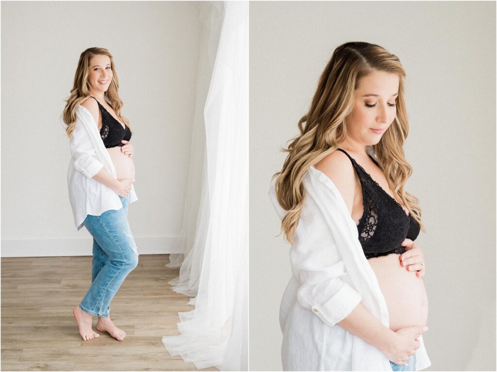 casual bralette  and jeans boudoir style light and airy Northern New jersey Maternity photographer. Lake Mohawk  NJ Renee Ash Photography The Shoppes at Lafayette. 