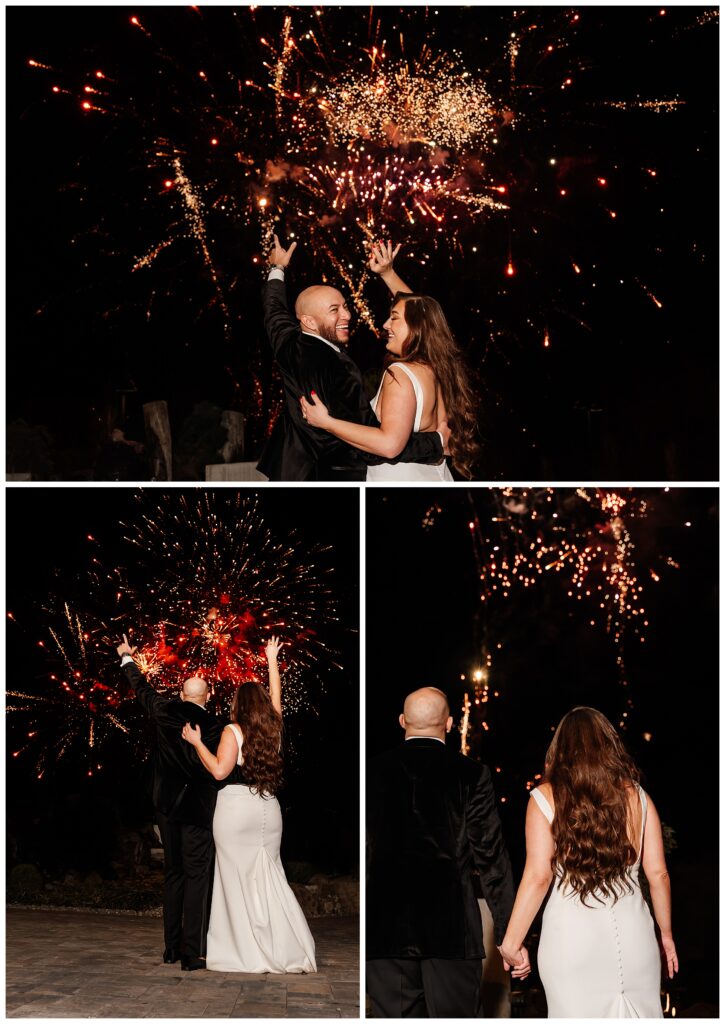 bride and groom in front of fireworks at a wedding The Barn at Villa Venezia Goshen NY wedding photographer