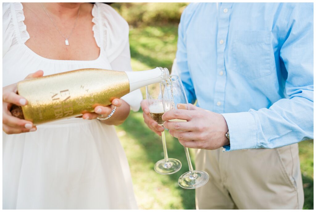 custom champagne bottle, Mr and Mrs champagne flutes NJ engagement Photographer