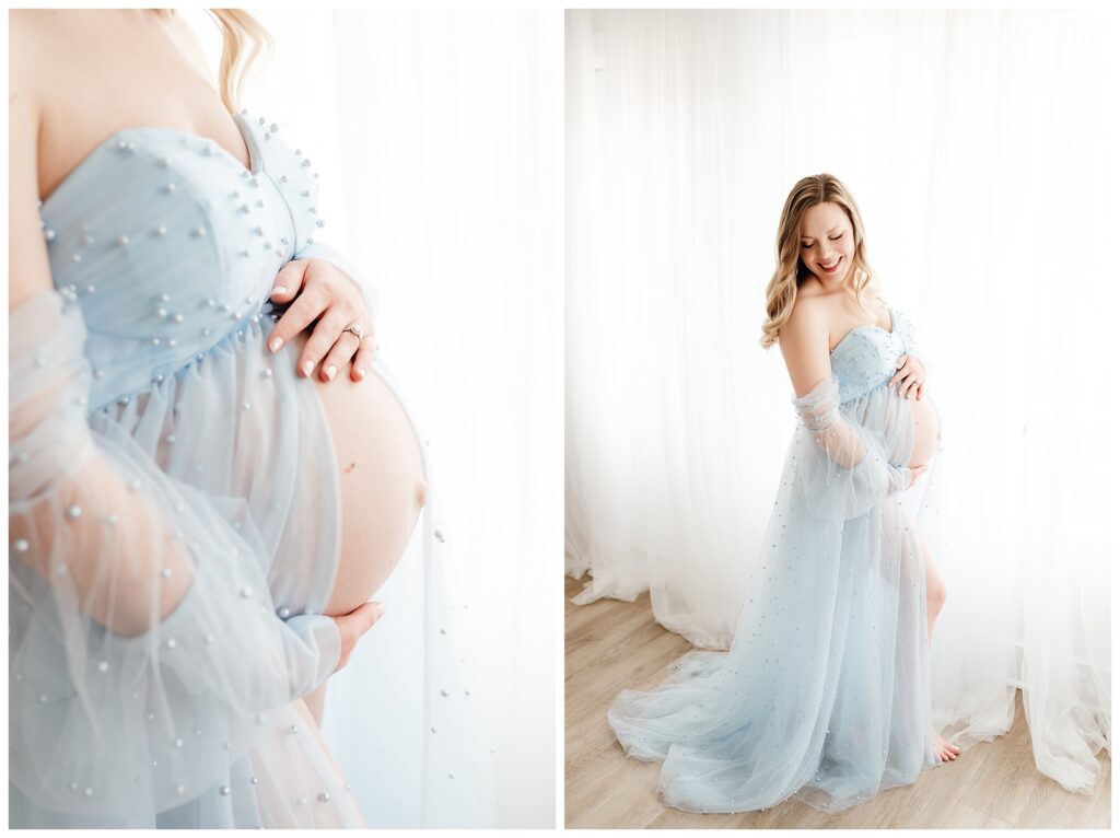 elegant bright blue sheer maternity gown boudoir style maternity photographer in New Jersey