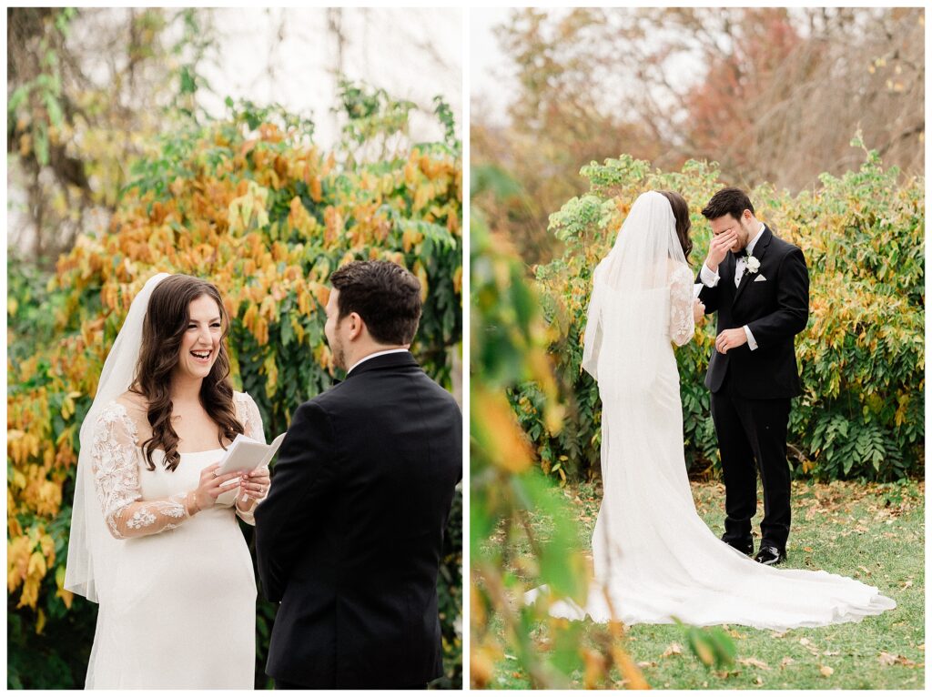 bride and groom's first look at the NJ Skylands Manor Botanical Gardens fall wedding Renee Ash Photography