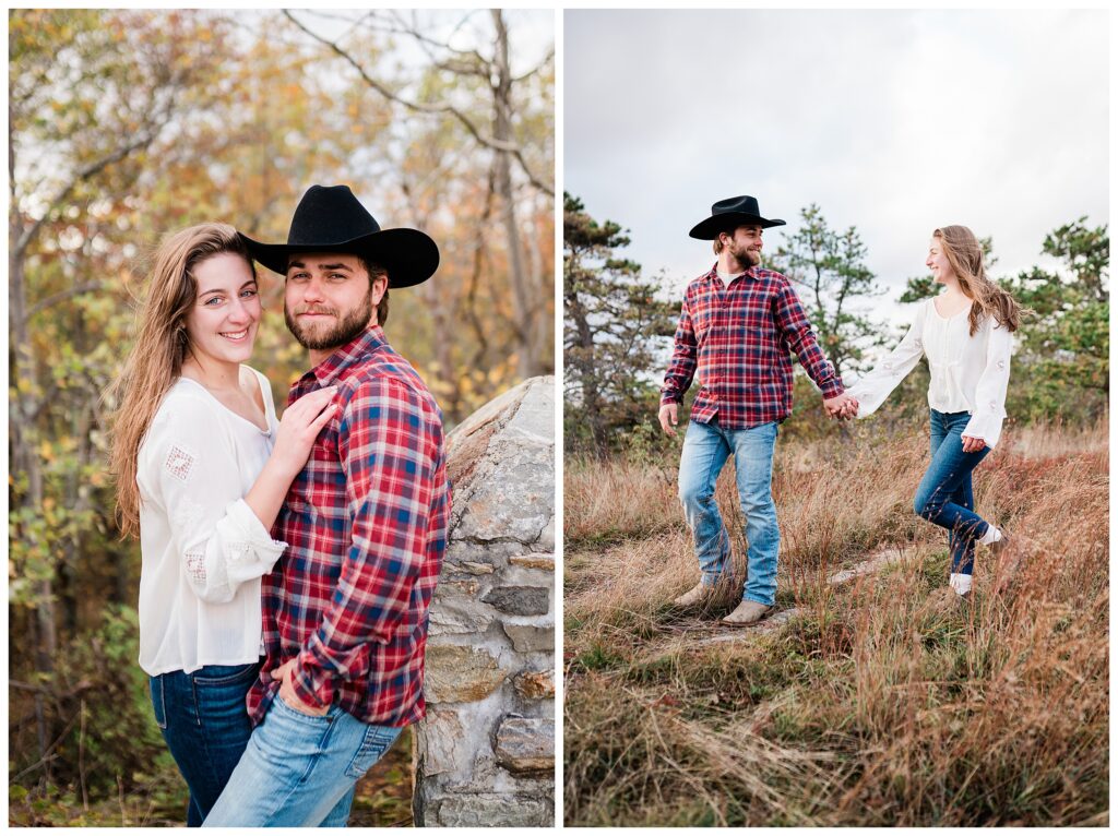 Yellowstone inspired Cowboy hat Mountain Top Engagement Photos at High Pint State Park New Jersey