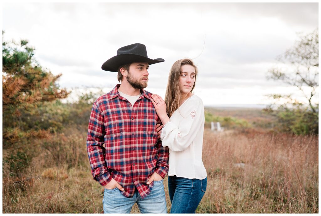 Yellowstone inspired Cowboy hat Mountain Top Engagement Photos at High Pint State Park New Jersey