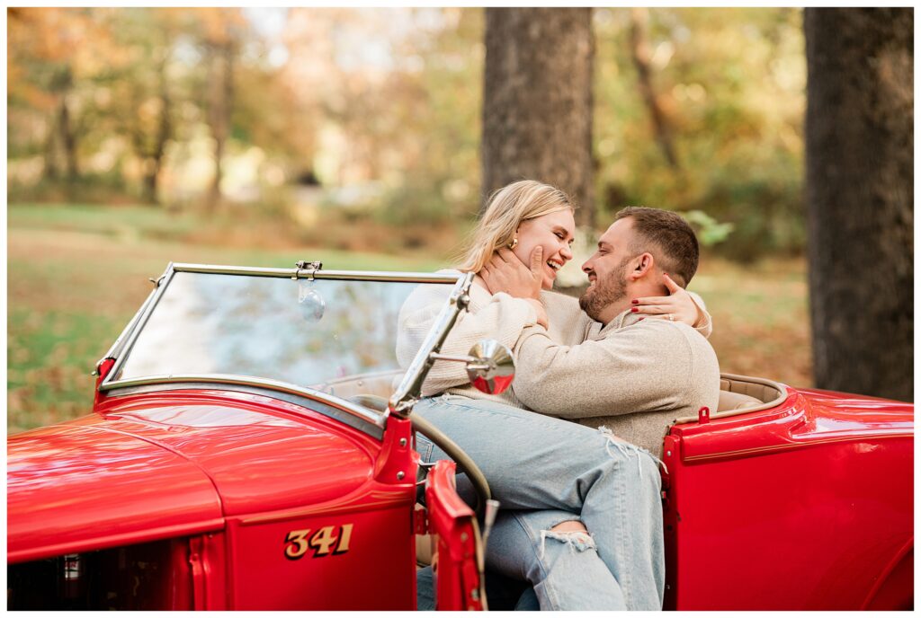 North Shore House Wedding Venue Engagement Photos with a vintage ford hot rod car