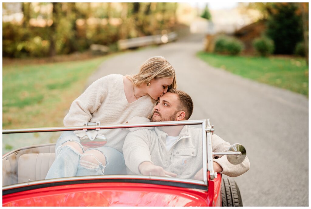 North Shore House Wedding Venue Engagement Photos with a vintage ford hot rod car