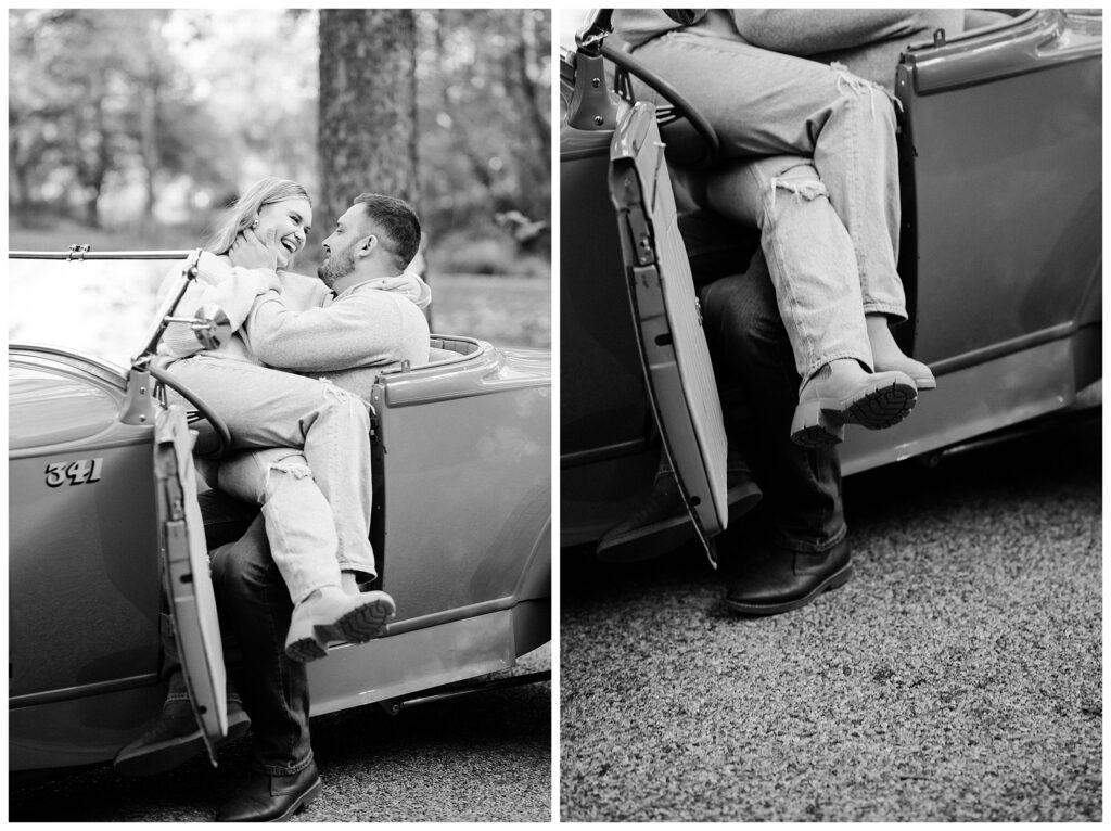 North Shore House Wedding Venue Engagement Photos with a vintage ford hot rod car