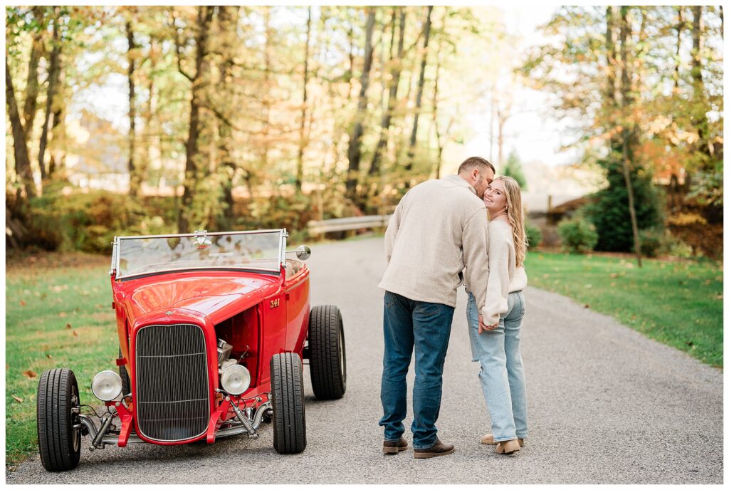 North Shore House Wedding Venue Engagement Photos with a vintage ford hot rod car