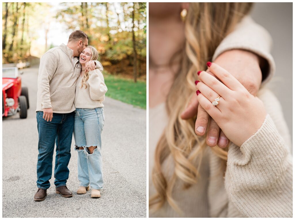 North Shore House Wedding Venue Engagement Photos with a vintage ford hot rod car