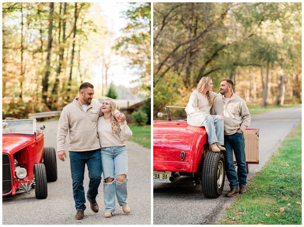 North Shore House Wedding Venue Engagement Photos with a vintage ford hot rod car