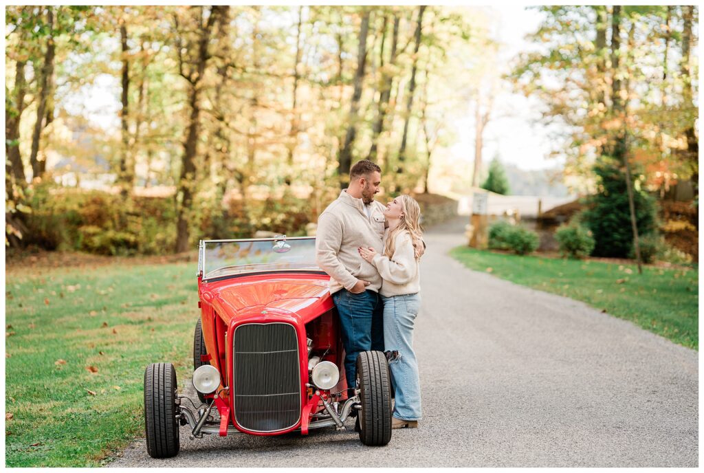 North Shore House Wedding Venue Engagement Photos with a vintage ford hot rod car